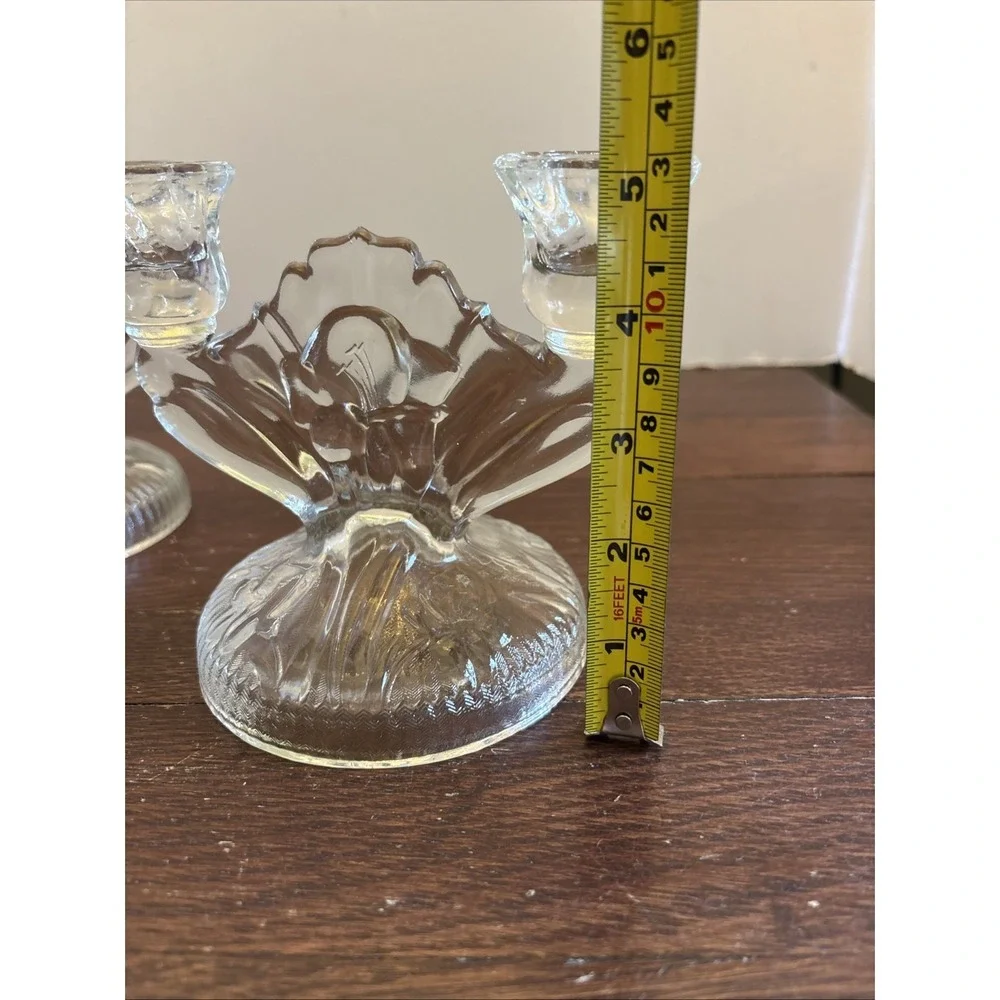 Jeanette Glass Iris and Herringbone‎ Set of 2 Double Candlestick Holders Vintage